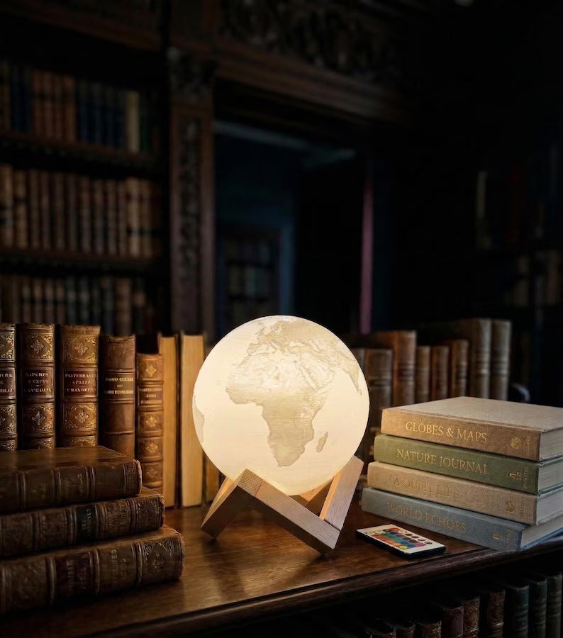 3D Printed Earth Lamp - RGB Color Changing Globe Light with Remote - 15cm Rechargeable Planet Night Light - Gift for Kids & Office Decor