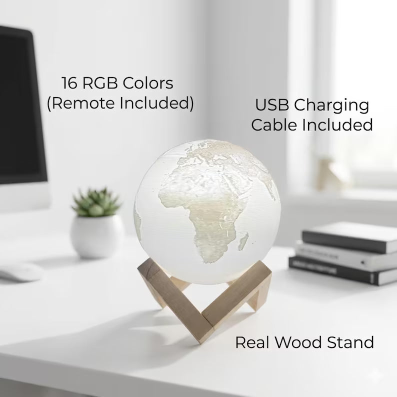 3D Printed Earth Lamp - RGB Color Changing Globe Light with Remote - 15cm Rechargeable Planet Night Light - Gift for Kids & Office Decor