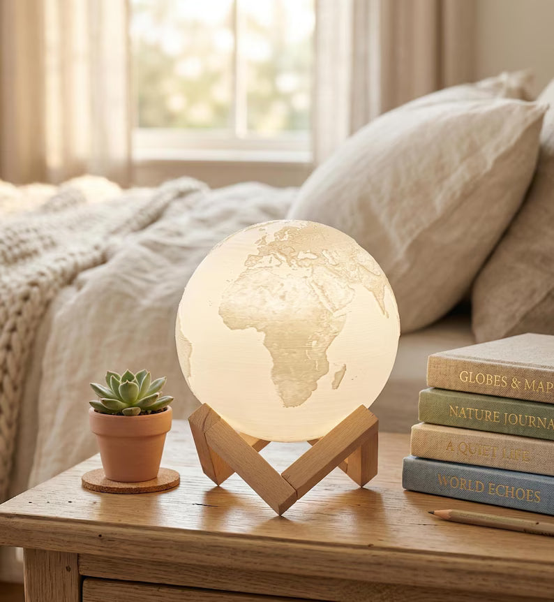 3D Printed Earth Lamp - RGB Color Changing Globe Light with Remote - 15cm Rechargeable Planet Night Light - Gift for Kids & Office Decor